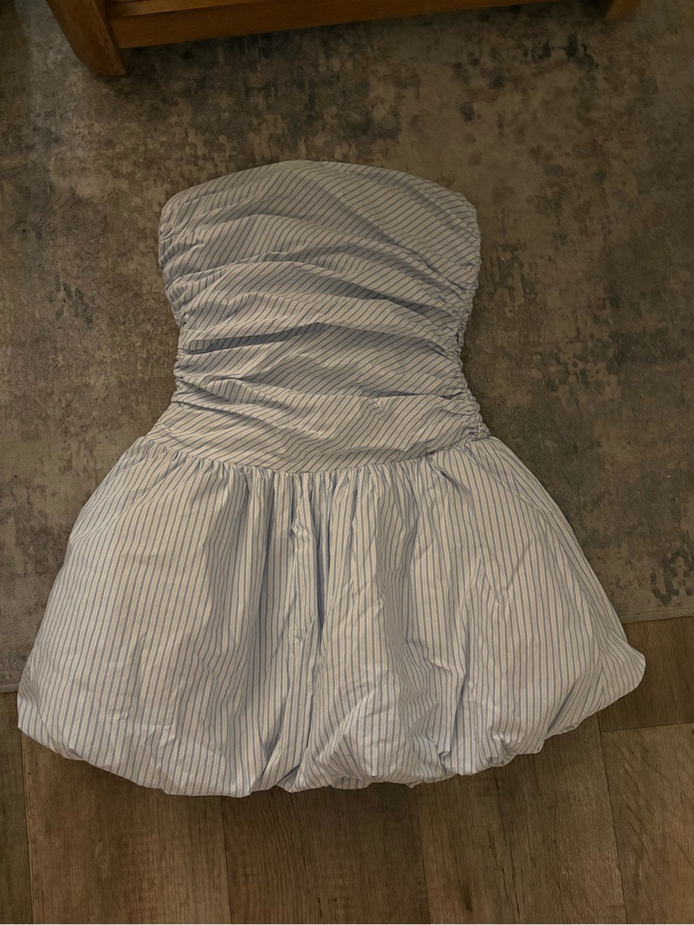 Wayf Blue and White Striped Strapless Bubble Dress